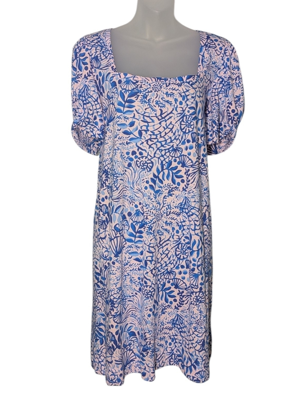 Lilly Pulitzer XL Pink Square Neck Puff Sleeve Coastal Blue Seashell Print Dress